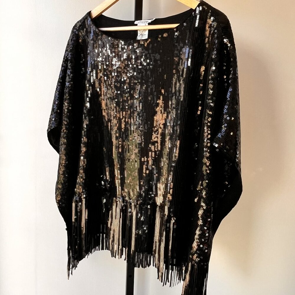 NWT S/M Chico's Sequin Fringe Woven Poncho in Black